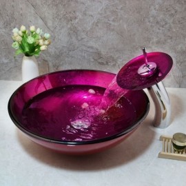 Round Countertop Washbasin With Waterfall Faucet In Purple Tempered Glass For Bathroom Balcony