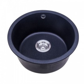 Black Round Kitchen Sink Single Washbasin D46Cm With Silver Steel Drain