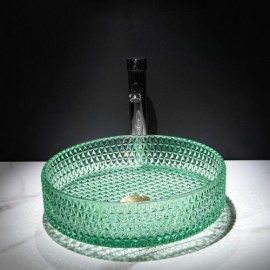 Round Glass Sink With Brass Drainer For Bathroom Toilet