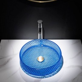 Round Blue Glass Bathroom Basin Without/With Faucet