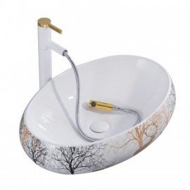 Mini Ceramic Wash Basin White Cartoon Print For Bathroom Without/With Faucet