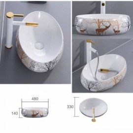 Mini Ceramic Wash Basin White Cartoon Print For Bathroom Without/With Faucet