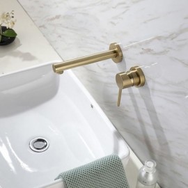 Brushed Gold Copper Two Hole Wall Mounted Basin Faucet For Bathroom