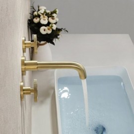 Wall Mounted Chrome/Brushed Gold 2 Handle Bathroom Sink Mixer Faucet