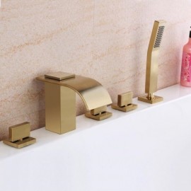 Brushed Gold Copper Waterfall Bathtub Mixer 3 Handles For Bathroom