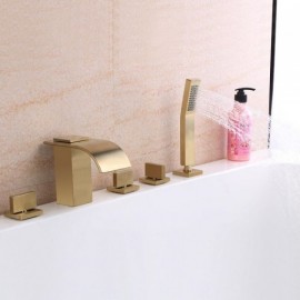 Brushed Gold Copper Waterfall Bathtub Mixer 3 Handles For Bathroom