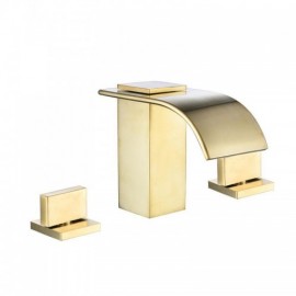 Gold Waterfall Basin Faucet Cold Hot Water 2 Handles For Bathroom