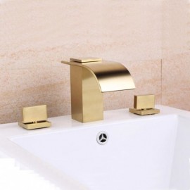 Gold Waterfall Basin Faucet Cold Hot Water 2 Handles For Bathroom