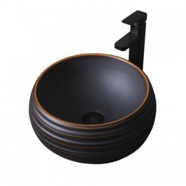 Round Countertop Sink In Matt Black Ceramic With Lines For Bathroom