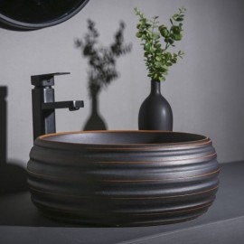 Round Countertop Sink In Matt Black Ceramic With Lines For Bathroom