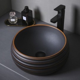 Round Countertop Sink In Matt Black Ceramic With Lines For Bathroom