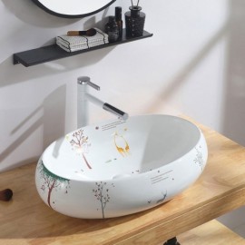 White Cartoon Printed Ceramic Countertop Washbasin For Bathroom Without/With Faucet