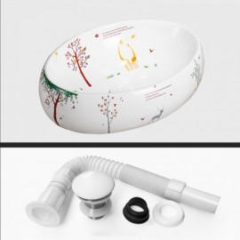 White Cartoon Printed Ceramic Countertop Washbasin For Bathroom Without/With Faucet