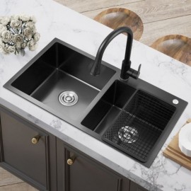 Black Nano Double Bowl Kitchen Sink 304 Stainless Steel Without/With Faucet