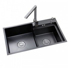 Black Double Bowl Stainless Steel Kitchen Sink With Soap Dispenser Drain