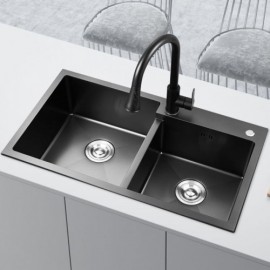 Black Kitchen Sink In 304 Stainless Steel Double Bowl With Soap Dispenser Drain
