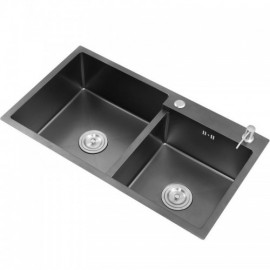 Black Kitchen Sink In 304 Stainless Steel Double Bowl With Soap Dispenser Drain