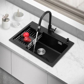 Modern Black Quartz Stone Kitchen Sink Single Bowl Optional Faucet
