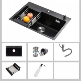 Modern Black Quartz Stone Kitchen Sink Single Bowl Optional Faucet