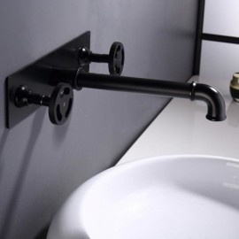 Classic Black Copper Wall Mounted Sink Faucet Double Handle For Bathroom
