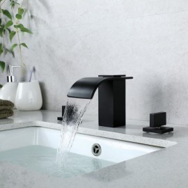 Black Waterfall Basin Mixer 2 Handles 3 Holes For Bathroom