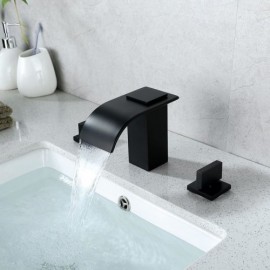 Black Waterfall Basin Mixer 2 Handles 3 Holes For Bathroom