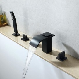 Black 3-Handle Waterfall Tub Faucet With Hand Shower