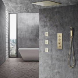 Brushed Gold Copper Thermostatic Shower Faucet For Bathroom Top Spray 3 Sizes
