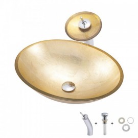 Gold Tempered Glass Basin With Waterfall Faucet For Bathroom