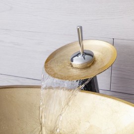 Gold Tempered Glass Basin With Waterfall Faucet For Bathroom