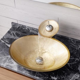 Gold Tempered Glass Basin With Waterfall Faucet For Bathroom