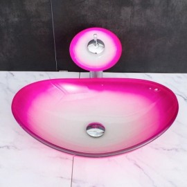 Gradient Color Tempered Glass Sink With Waterfall Faucet For Bathroom