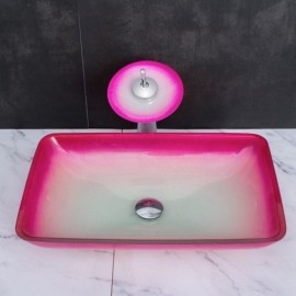 Rectangular Gradient Color Tempered Glass Sink With Waterfall Faucet For Bathroom