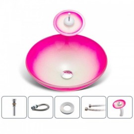 Round Countertop Washbasin In Tempered Glass With Waterfall Faucet For Bathroom