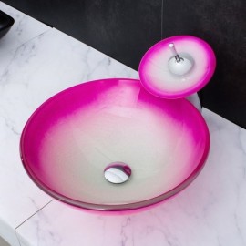 Round Countertop Washbasin In Tempered Glass With Waterfall Faucet For Bathroom