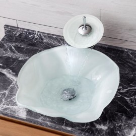 Contemporary White Tempered Glass Sink With Faucet For Bathroom