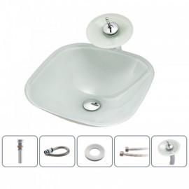 Modern White Tempered Glass Sink Square With Faucet For Bathroom