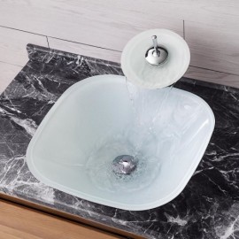 Modern White Tempered Glass Sink Square With Faucet For Bathroom