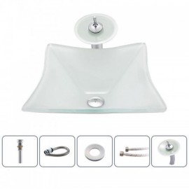 Square White Tempered Glass Countertop Sink With Faucet For Bathroom 3 Dimensions