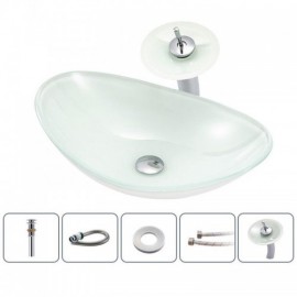 White Tempered Glass Countertop Sink With Waterfall Faucet For Bathroom