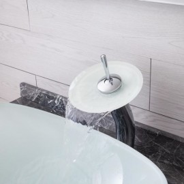 White Tempered Glass Countertop Sink With Waterfall Faucet For Bathroom