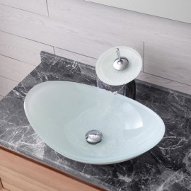 White Tempered Glass Countertop Sink With Waterfall Faucet For Bathroom
