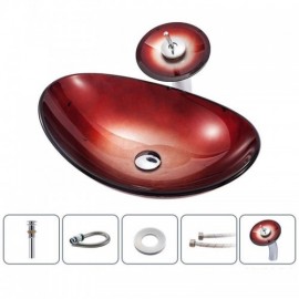 Gradient Red Tempered Glass Countertop Sink With Faucet For Bathroom