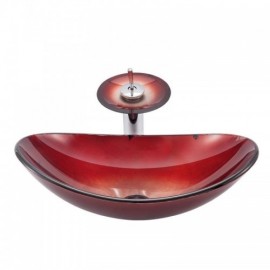 Gradient Red Tempered Glass Countertop Sink With Faucet For Bathroom
