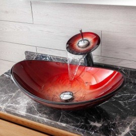 Gradient Red Tempered Glass Countertop Sink With Faucet For Bathroom
