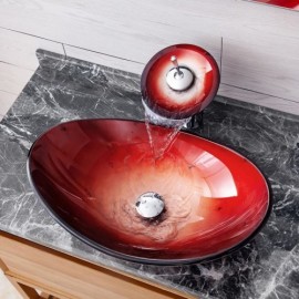 Gradient Red Tempered Glass Countertop Sink With Faucet For Bathroom