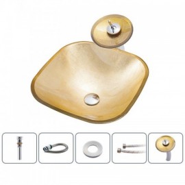 Gold Square Basin In Tempered Glass With Waterfall Faucet For Bathroom