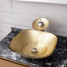 Gold Square Basin In Tempered Glass With Waterfall Faucet For Bathroom