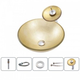 Modern Gold-Colored Round Basin In Tempered Glass With Waterfall Faucet For Bathroom