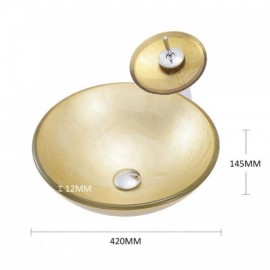 Modern Gold-Colored Round Basin In Tempered Glass With Waterfall Faucet For Bathroom